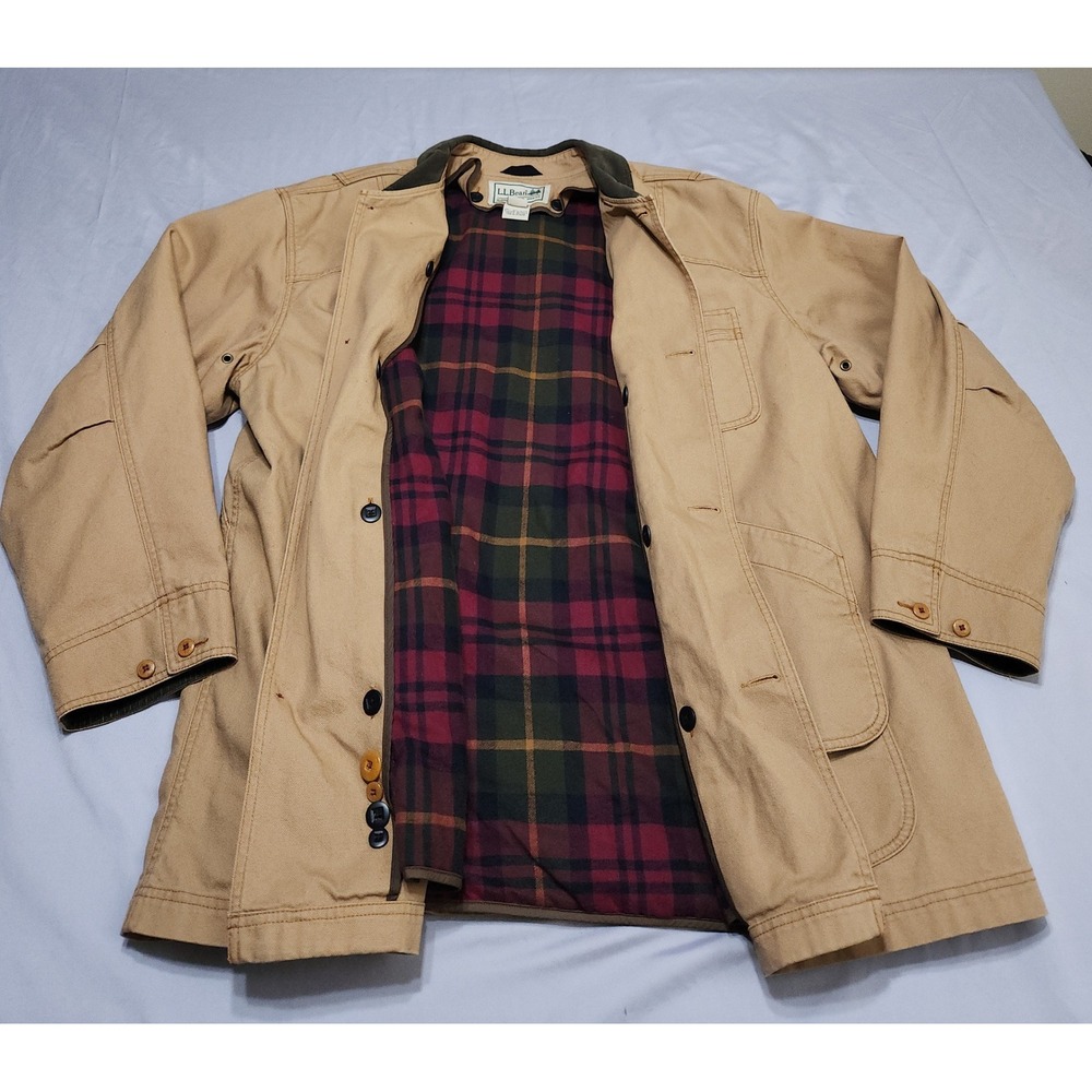 LL Bean Field Coat Mens XXL Tan Cotton Canvas Plaid Flannel Lined Jacket 187063